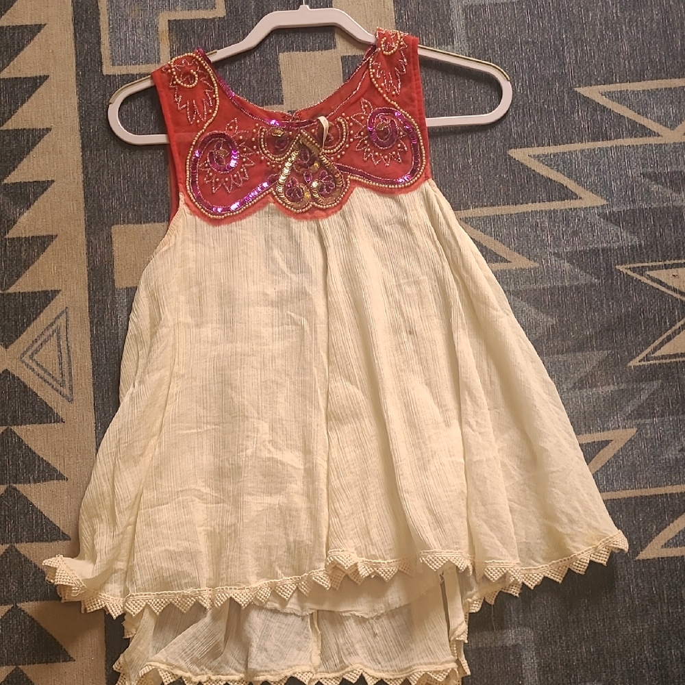 Free People Cream and Red Asymmetrical Sleeveless Blouse